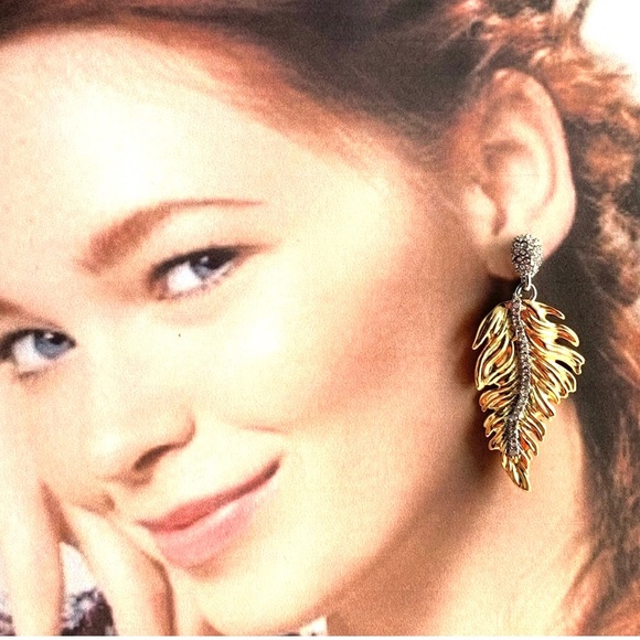 Alexis Bittar Gold Georgian Feather Swarovski Crystal Post Drop Hinged Earrings - Picture 3 of 15